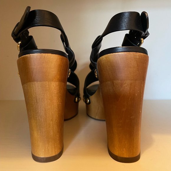 COACH Wooden Platform Sandals 70's Inspired Size 37 (6.5US) Black Leather - Picture 4 of 5